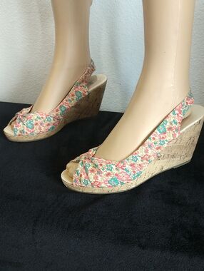 H&M Floral Peep-Toe Wedge Sandals - Pink & Teal